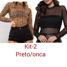 KIT-2 Body feminino Tule Animal Print Bori Transparente Liso e estampado Manga Comprida.