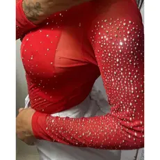 Body Tule Feminino Em Strass Brilho Manga Comprida/Bodi Brilho Transparente Marrom