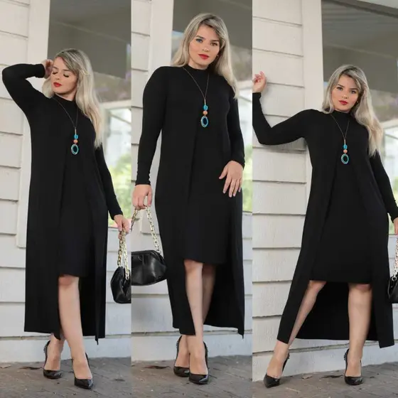 Vestido Regata Tubinho Justo Com Capa Longa E Manga Comprida Feminino 2 Peças Viscolycra/Vestido moda Gringa.