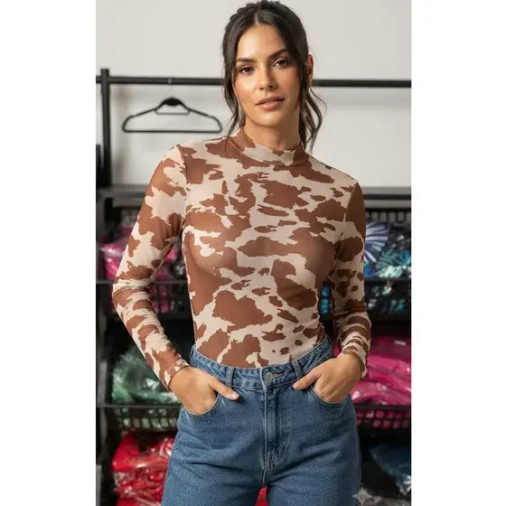 Body Tule  Transparente Manga Comprida Sem Bojo/Bodi Gola Redonda Moda Verao 2024