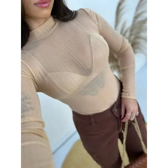 Body Feminino Transparente Manga Comprida tule Nude Fio Em Lurex Brilho Moda Blogueiras