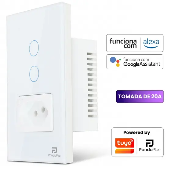Interruptor Inteligente Wifi 1 e 2 Botões Touch 1 Tomada 20A Bivolt Smartlife Tuya Panda Plus Alexa Google Comando Voz