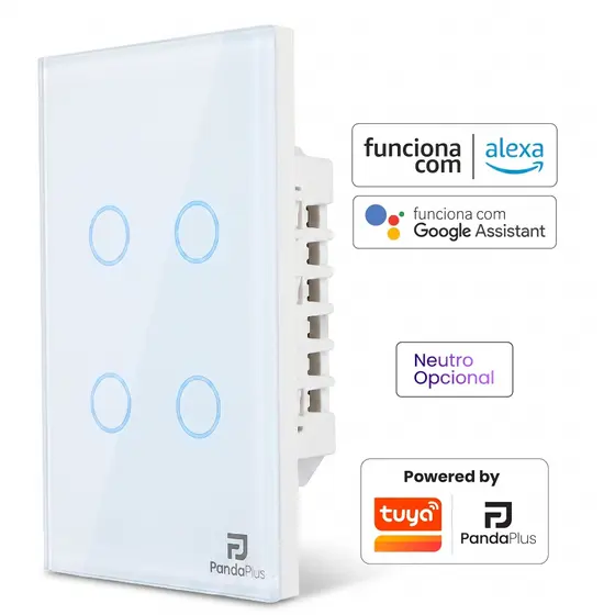 Interruptor Inteligente Sem Fio Neutro 1, 2, 3 e 4 Botões Wifi Padrão 4x2 Panda Plus Alexa Google Home Tuya