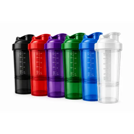 Coqueteleira Academia com 2 compartimentos para Suplementos – 600ml – Transparente/Verde/Neon/Roxo/Vermelho/Azul/Preto