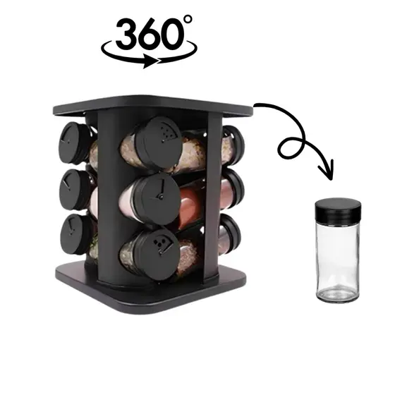 Porta temperos giratório 9 potes vidro condimentos base giratória inox preta organizador cozinha