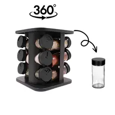 Porta temperos giratório 9 potes vidro condimentos base giratória inox preta organizador cozinha