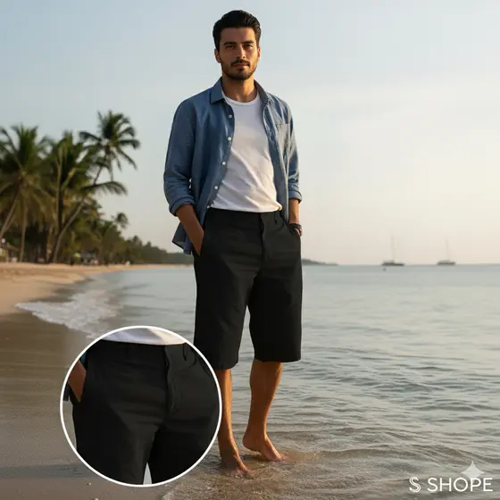 Bermuda Short Masculina Casual Sarja Slim Premium Social  Alfaiataria Algodão Bolsa Faca