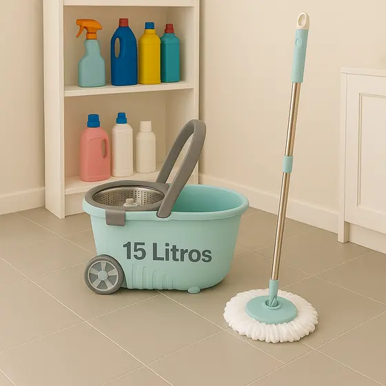 Balde Esfregão Giratório Bit Lar Mop Refis Com Roda Alça Cor Verde