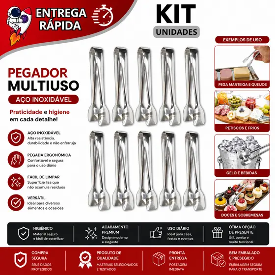 Kit 10 Pegador Pinça Inox 18cm Frios Frutas Gelo Carne Doces