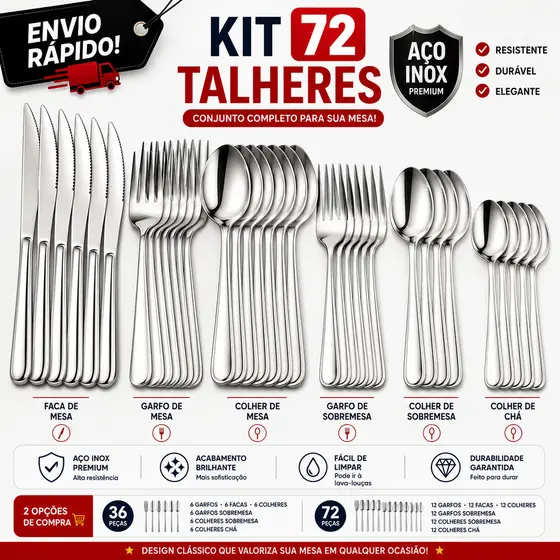 Faqueiro 60 Peças Jogo de Talheres em Aço Inox Premium Completo para Refeições Sobremesas e Churrasco
