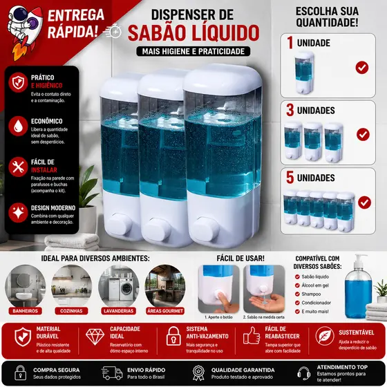 Kit 5 Dispenser Automático Sabão Sabonete Líquido Álcool Gel Para Parede Com Suporte