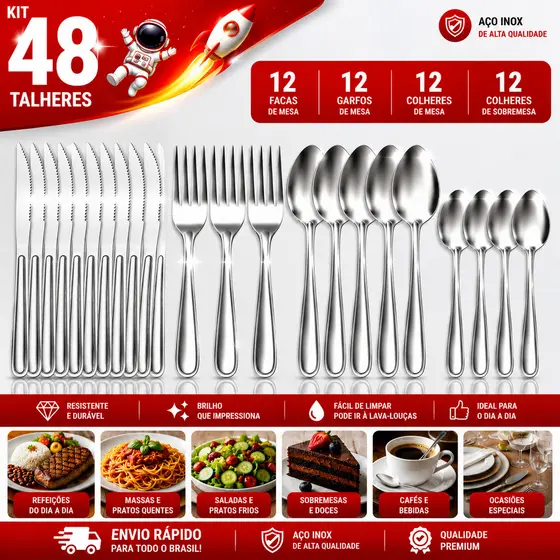 Jogo de Talheres 24 ou 48 Peças toda em inox ideal para refeiçoes em familia festa churrasco restaurantes