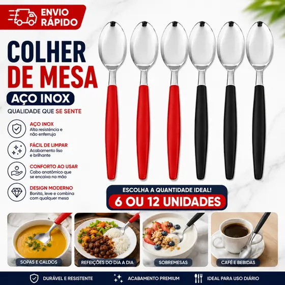 Kit 12 Colheres de Sopa Inox Cabo Plástico Premium