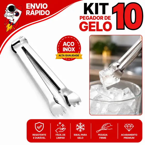 Kit 10 Pegador De Carne e Gelo Inox Pinça Churrasco