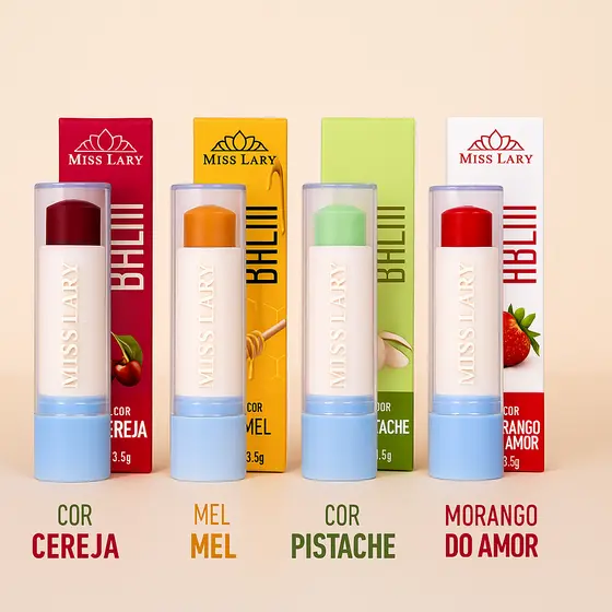 Balm Labial Hidratante Miss Lary Pistache, Mel, Cereja e Morango do Amor