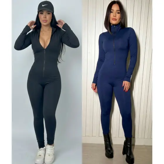 Macacão Feminino Longo Com Ziper Moda Gringa Balada Manga Longa Virginia Suplex Gringo Academia