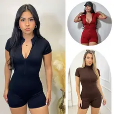 Macaquinho Feminino Moda Gringa Fitness Macacão Gringo Shorts Curto Manga Curta Ziper Blogueira