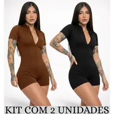 Kit 2 Macaquinho Suplex Feminino Moda Gringa Macacão Fitness Gringo Shorts Curto Manga Curta Ziper