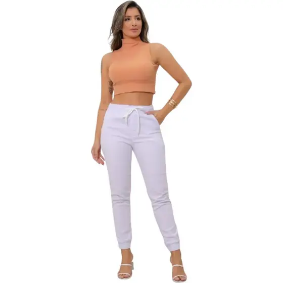 Calça Branca Masculina Jogger Sarja Premium C/Elástico e Punho Cordão Ajustado Confortável Elastano