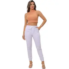 Calça Branca Masculina Jogger Sarja Premium C/Elástico e Punho Cordão Ajustado Confortável Elastano