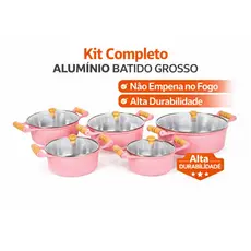 JOGO PANELAS ALUMINIO BATIDO FUNDIDO ROSA RUSTICO TAMPA VIDRO TAM14/22 COZINHA ROSA DECORADA