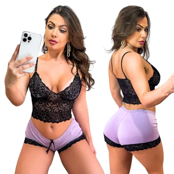 Baby Doll Bicolor Sensual em Renda e Microfibra com Alças de Regulagem