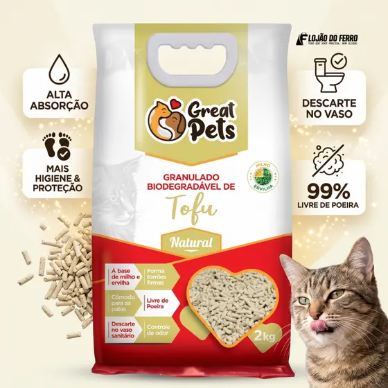 Areia Gatos Tofu 2kg Granulado Biodegradável Higiênico Natural Great Pets