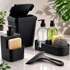 Kit Pia Cozinha Organizador Completo Luxo Lixeira 5L Porta Detergente Porta Esponja Rodinho Moderno