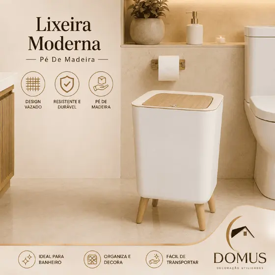 Lixeira Banheiro Moderna Quadrada 8 Litros Tampa Madeira Pé Estilo Madeira