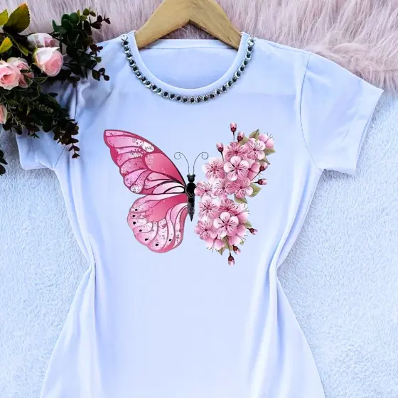 Camiseta blusa camisa t shirt feminina borboletas vários modelos com e sem pedrarias moda feminina