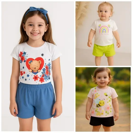 Conjunto infantil menina verão Kukie Roupa de calor 2 a 8 anos