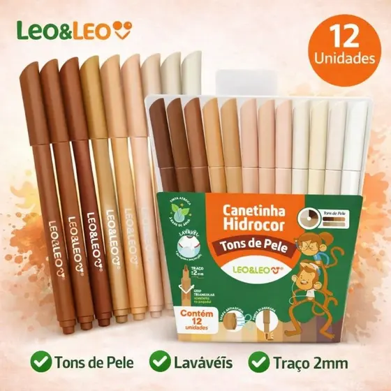 Canetinha Hidrocor Tons de Pele C/12 Leo&Leo Lavável Ponta Fina 2mm Escolar Desenho Profissional