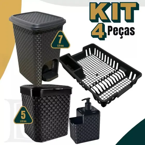 Kit Lixeira 7 Litros + Lixeira Pia 5 Litros + Porta Detergente + Escorredor Louça