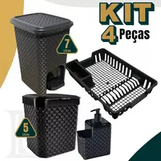 Kit Lixeira 7 Litros + Lixeira Pia 5 Litros + Porta Detergente + Escorredor Louça