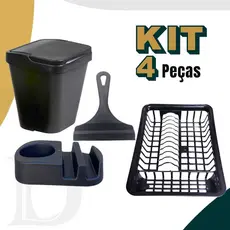 Kit Cozinha PRETO Porta Detergente / Rodo de Pia / Lixeira + Escorredor de Louça Area Gourmet