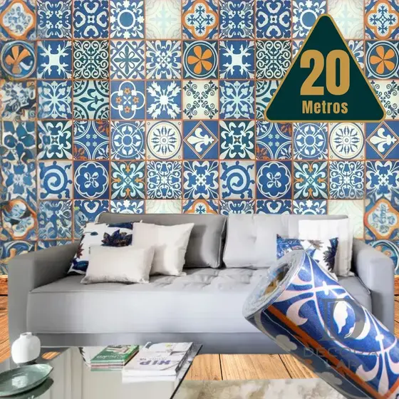 Papel de Parede Adesivo Azulejo Português Autocolante Rolo 5m x 45cm Cozinha Banheiro