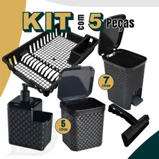 Kit Lixeira Pia 5 Litros + Lixeira 7 Litros + Porta Detergente + Rodinho de Pia + Escorredor Louça Cozinha