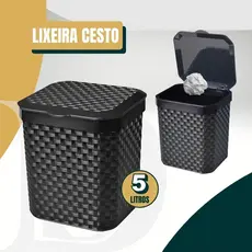 Lixeira Cesto Rattan 5 Litros Preta C Tampa Cozinha Banheiro Lixeira Pia