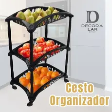 Organizador Vertical Triplo Fruteira Preto 3 Andares Cestos Com Rodinhas