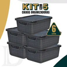 Kit 5 Caixa Organizadora  Jutta Preto 6 Litros  Cesto Organizador Gavetas Guarda-Roupas Armario Brin