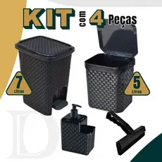 Kit Lixeira Pia 5 Litros + Lixeira 7 Litros c/ Pedal + Porta Detergente Sabão + Rodinho de Pia