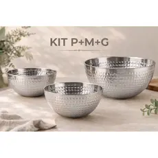 1|2|3 Saladeiras Inox Marteladas P M G 3,9L Dourado e Prata Elegante