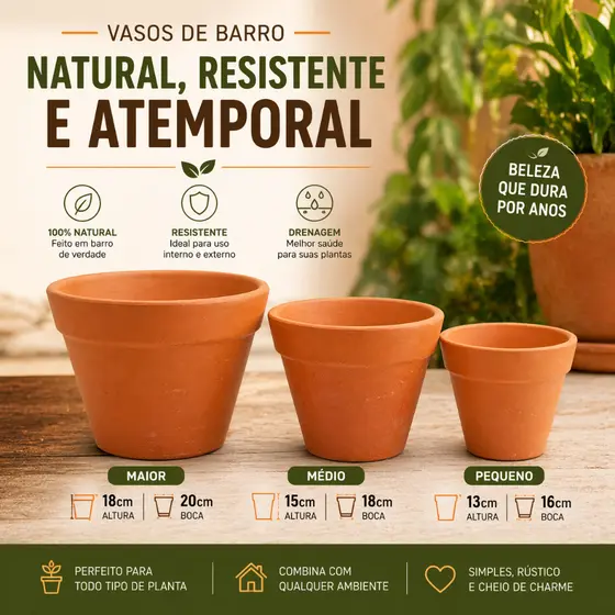 Kit Vasos de Barro Natural – 3 Tamanhos | Resistente, Atemporal e Perfeito para Plantas