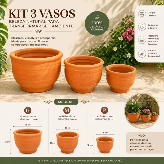 Kit 3 Vasos de Cerâmica Natural (P, M e G) – Vasos Decorativos Resistentes para Plantas e Ambientes Internos e Externos
