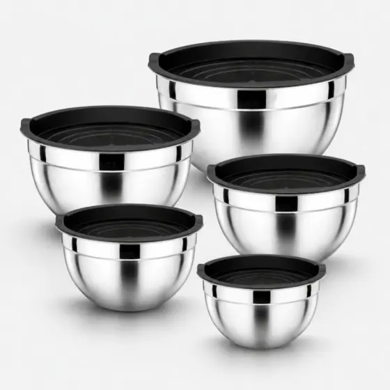 Kit 5 Tigelas Fundas Inox com Tampa - Bowls com tampa - Bacias de Aluminio