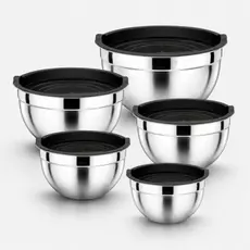 Kit 5 Tigelas Fundas Inox com Tampa - Bowls com tampa - Bacias de Aluminio