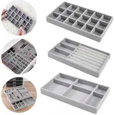 Kit 3 Bandejas Porta Joias Veludo Organizadora Bijuterias Cinza ou Bege