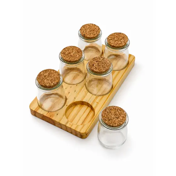 Porta Temperos Madeira Pinus Condimentos 6 Potes Vidro com Tampa Rolha e Suporte Base