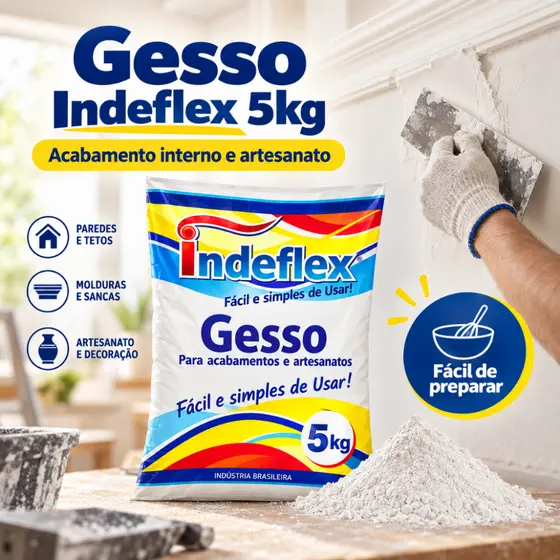 Gesso Indeflex 5kg Em Pó Para Acabamento Interno Artesanato Paredes Tetos Molduras Sancas Reparos Fácil de Preparar Obra