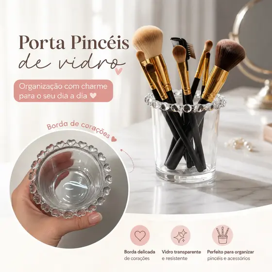 Organizador Porta Pincel de Maquiagem Caneta Cristal Luxo Penteadeira Coração Multiuso